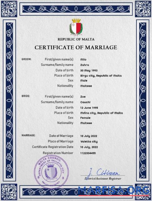 Printable Malta marriage certificate PSD template
